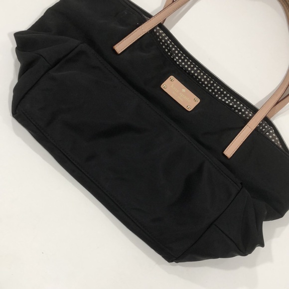 Kate Spade black nylon tote bag with pink/beige leather trim and polkadot inside - Picture 3 of 11